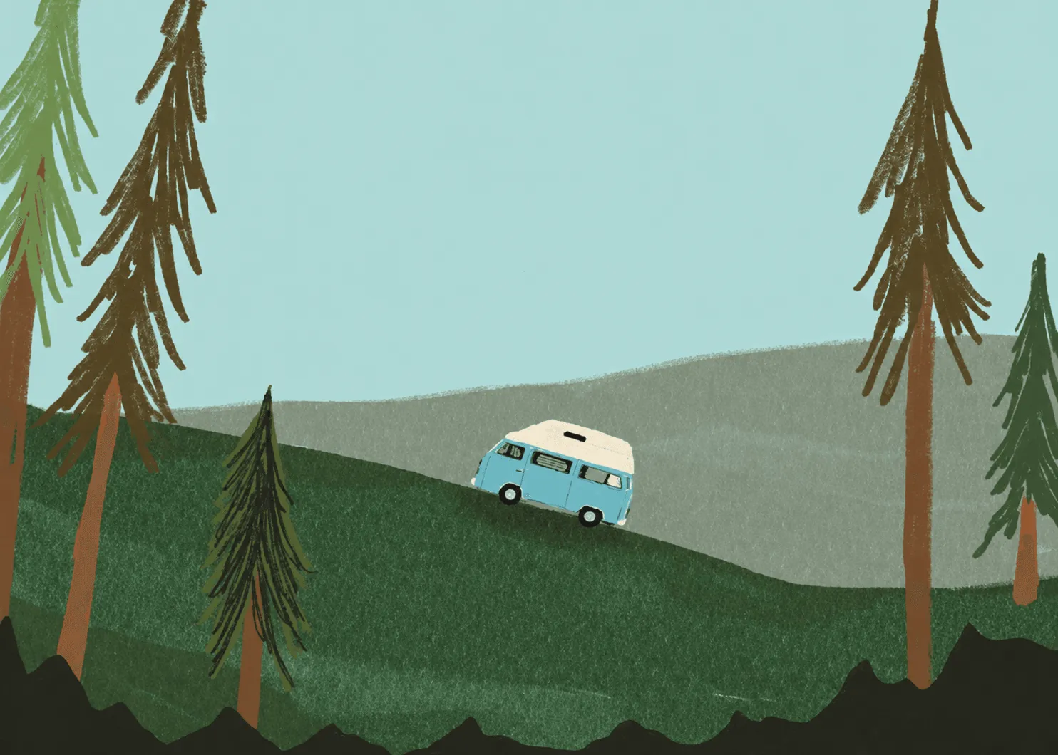 Illustrazione di una strada che attraversa una valle al tramonto, con un piccolo furgoncino in viaggio